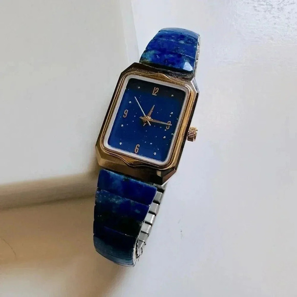 Blue Lapis Lazuli Gemstone 100% Stainless Steel Stretch Watch - Picture 1 of 5